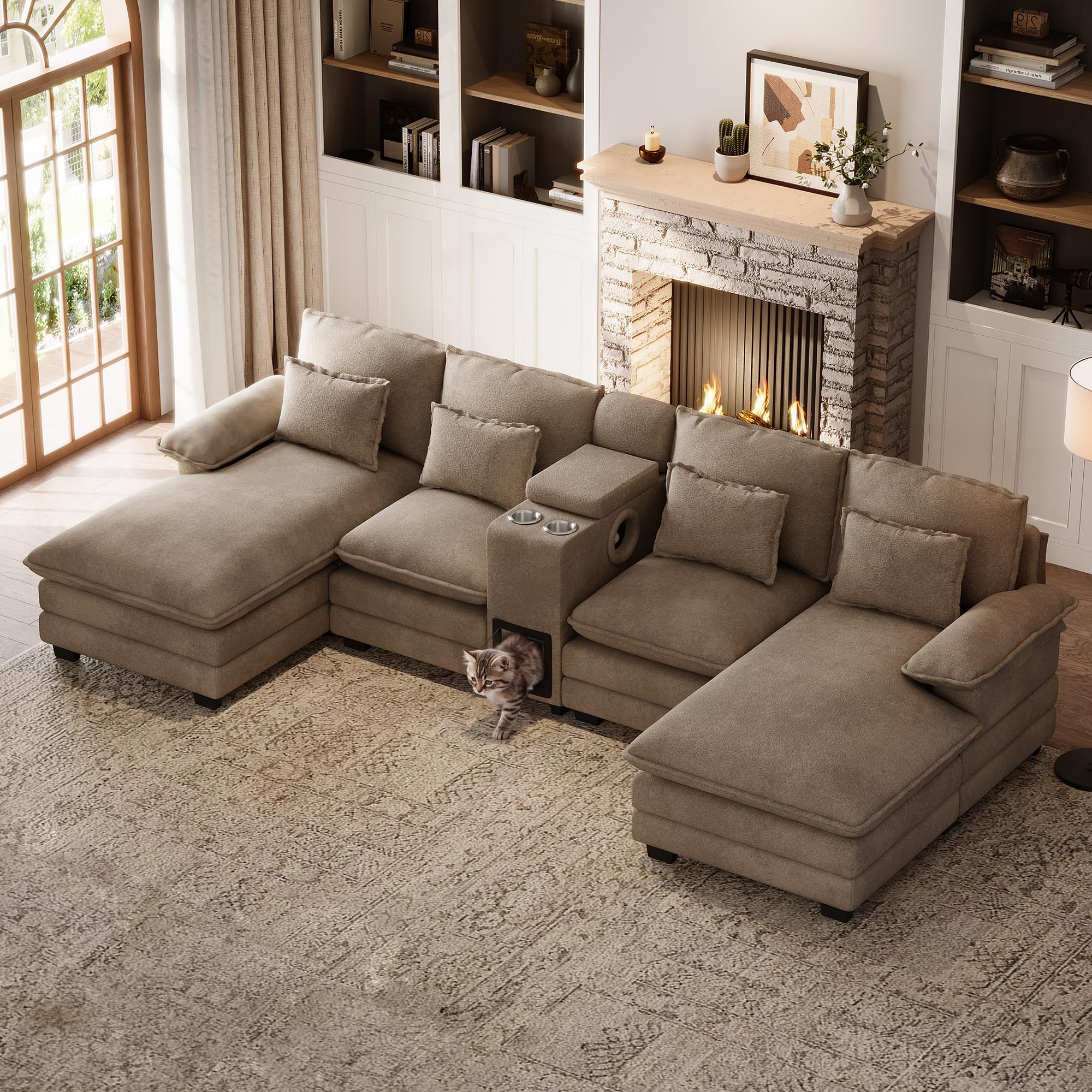 ONEMMLION 130 Inch U Shaped Cloud Couch with Cat House