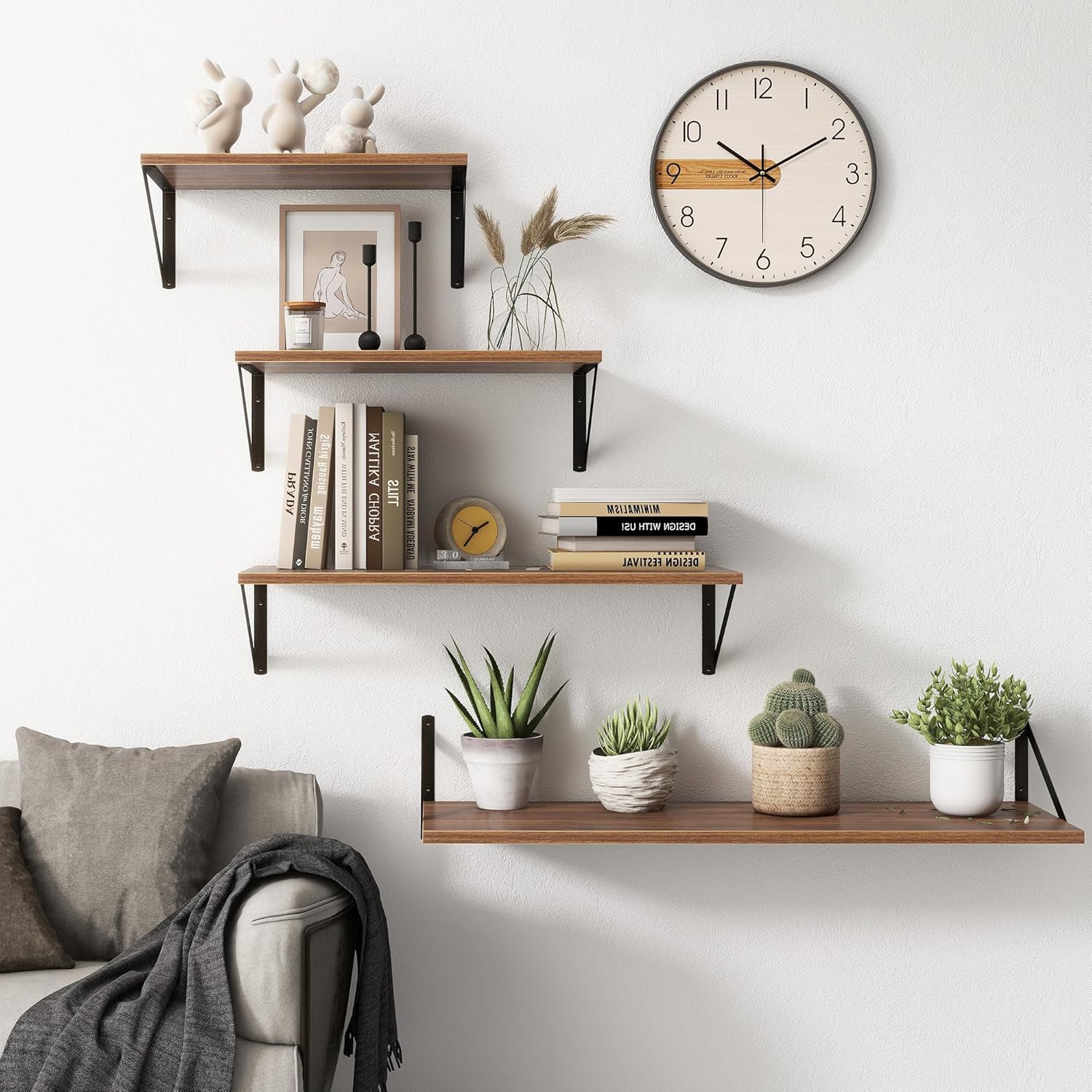 Walnut Floating Shelves Set of 2 - 16"W x 12"D Wide Display Ledges for Bedroom, Bathroom - 12 Deep Bookshelf Wall Mounted