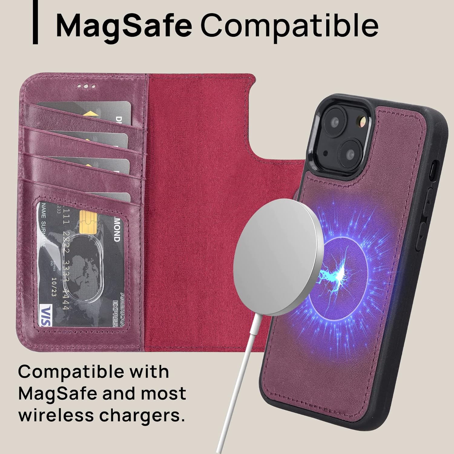 OXA Leather 2-in-1 Wallet Case Compatible with iPhone 13 | Magnetic Detachable | Shockproof | RFID Blocking | Flip Case with Kickstand | Compatible with MagSafe | - Purple