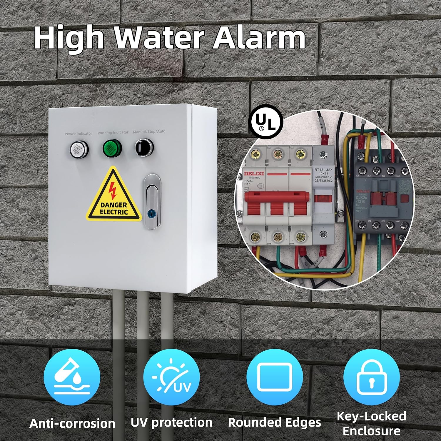 220V Single Phase Pump Control Box with Float Switch, 50/60Hz, Manual/Auto Start Stop Water Level Controller, Metal Enclosure with Key Lock, Power/Run Indicators, Fits 2HP Pumps (3m Float Cable)