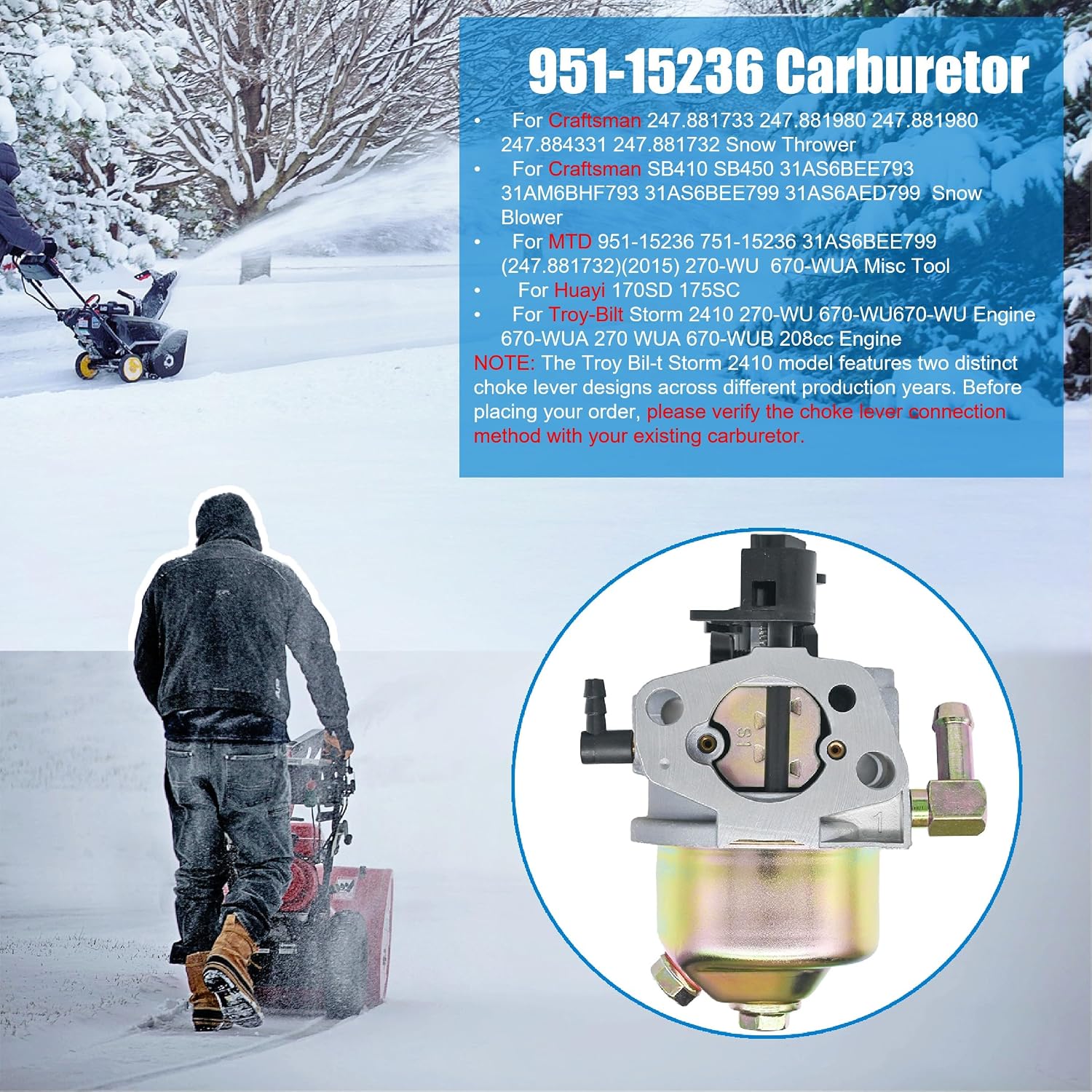 951-15236 Carburetor for Craftsman 247.881733 SB410 Troy Bilt Storm 2410 24" Snow Blower, 31AS6BEE793 751-15236 Carb for MTD Cub Cadet 31AS6BN2711 670-WU 208CC Engine SnowBlower