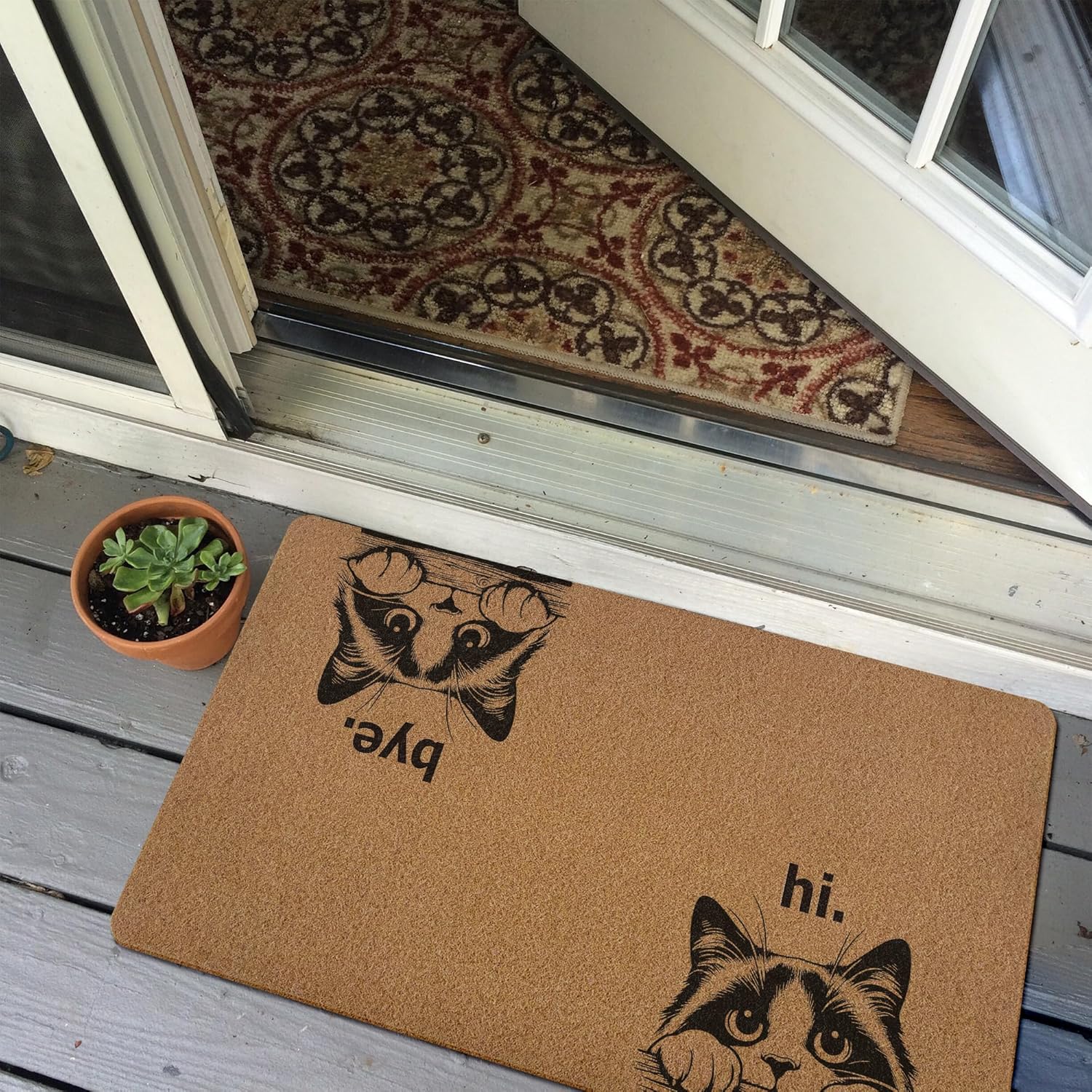 Funny Hi Bye Cat Door Mat Doormat, Cat Welcome Front Door Mat Indoor Outdoor Entrance, Funny Artificial Coir Doormats Rugs for Porch Entryway Home Decor 30x17in