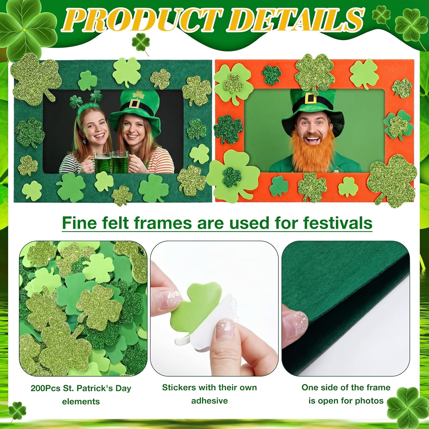 Ferraycle 232 Pieces St. Patrick's Day DIY Picture Frames Craft Kit for Party 32 Pieces Irish Festival Felt Photo Frames with 200 Lucky Shamrocks Foam Stickers for Party Favor Home