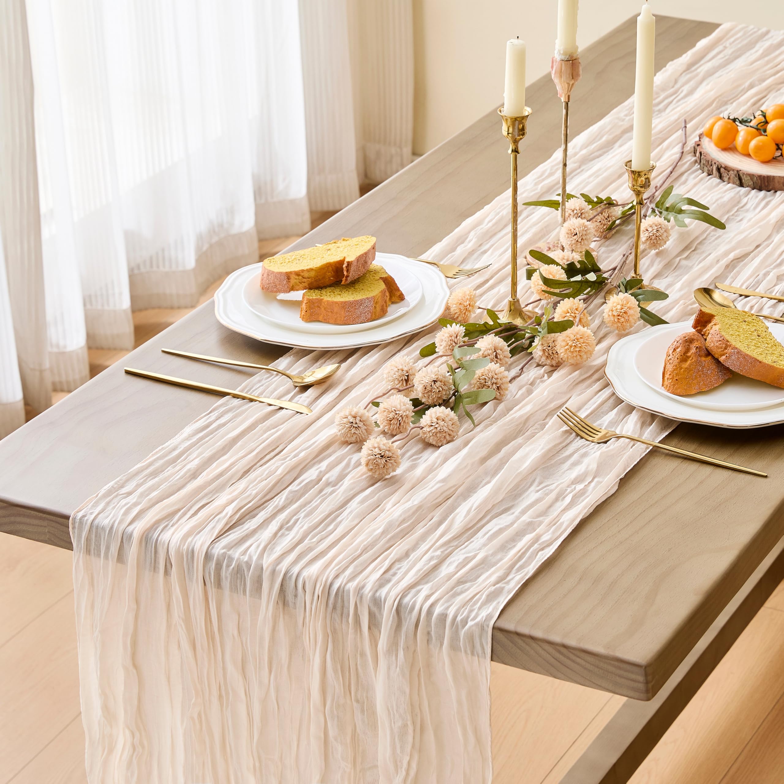 MAIBAOTA Beige Cheesecloth Table Runner 90 x 300 cm Boho Rustic Gauze Cheese Cloth Table Runners for Wedding Arch Chair Backs Decorations Birthday Party Baby Bridal Shower Decor