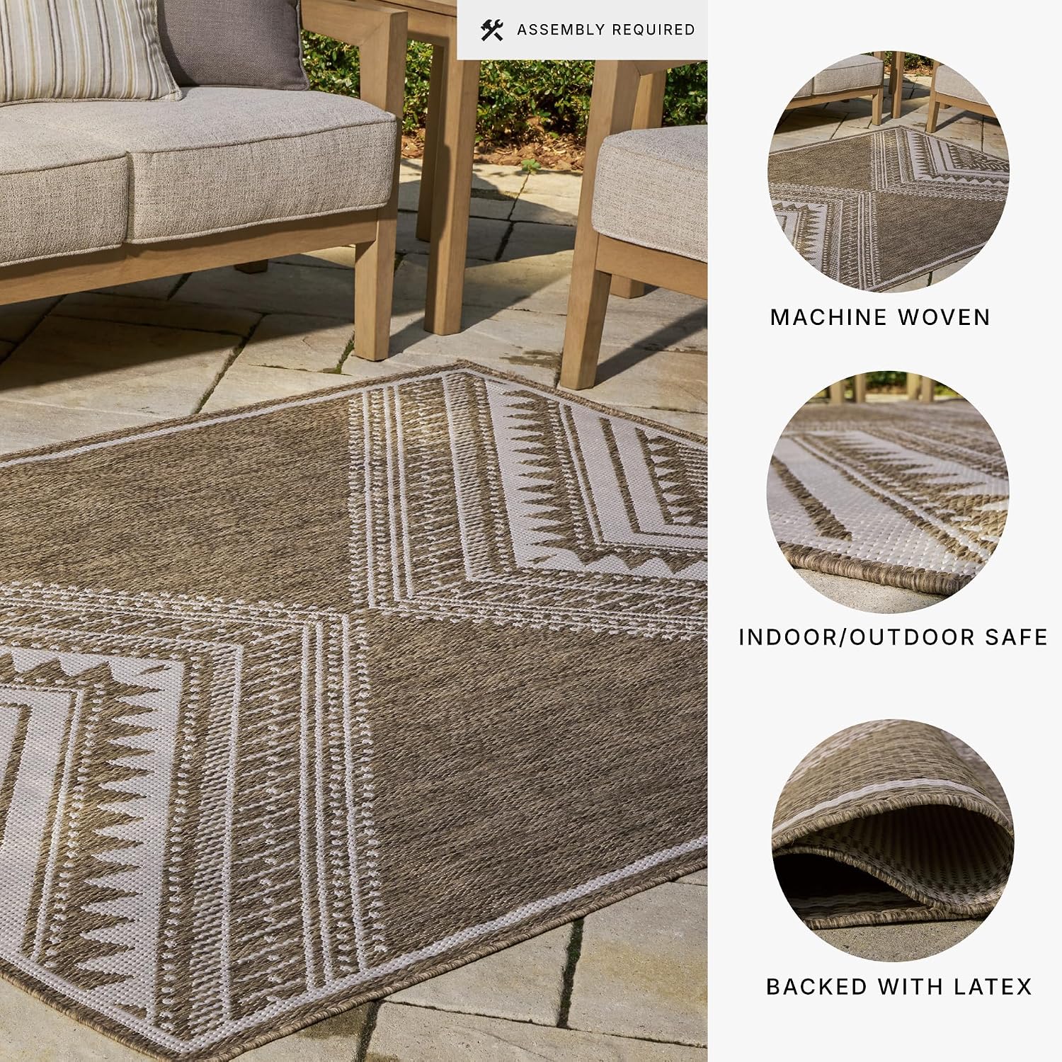 Signature Design by Ashley Dunsler Classic Indoor/Outdoor Geometric 8 x 10 Rug with Non Slip Backing, Dark Brown & White