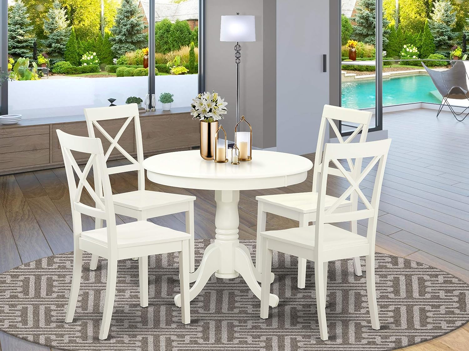 East West Furniture Antique 5 Piece Dinette Set for 4 Includes a Round Kitchen Table with Pedestal and 4 Dining Chairs, Linen White - Table & Chair Sets