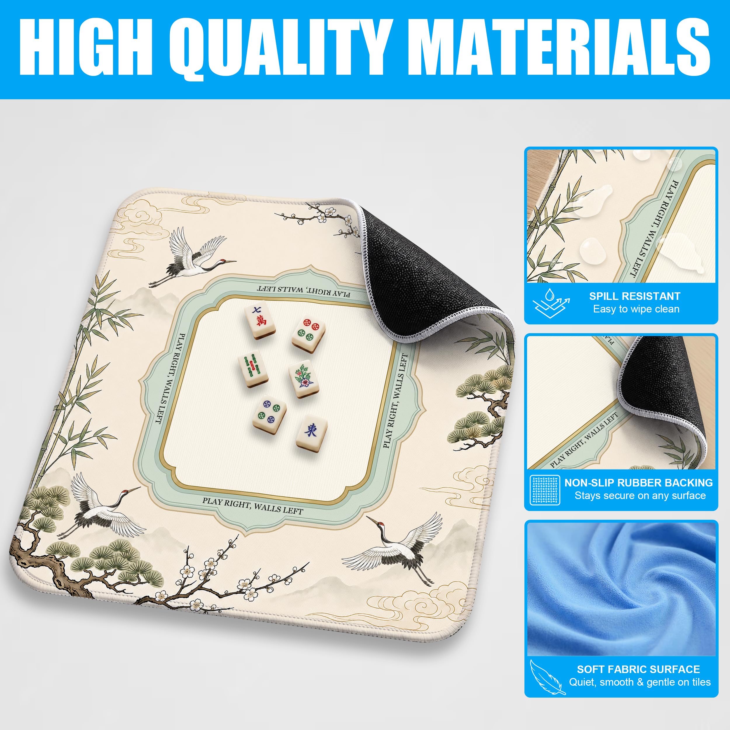 SODAVA Sage Chinoiserie Mahjong Mat 31,5 x 31,5 cm Grue Bambou Néoprène Antidérapant Réduction du Bruit Tapis de Table pour Mahjong, Jeux de Société, Cadeaux pour Joueurs de Carrelage, Hôtes de Nuit