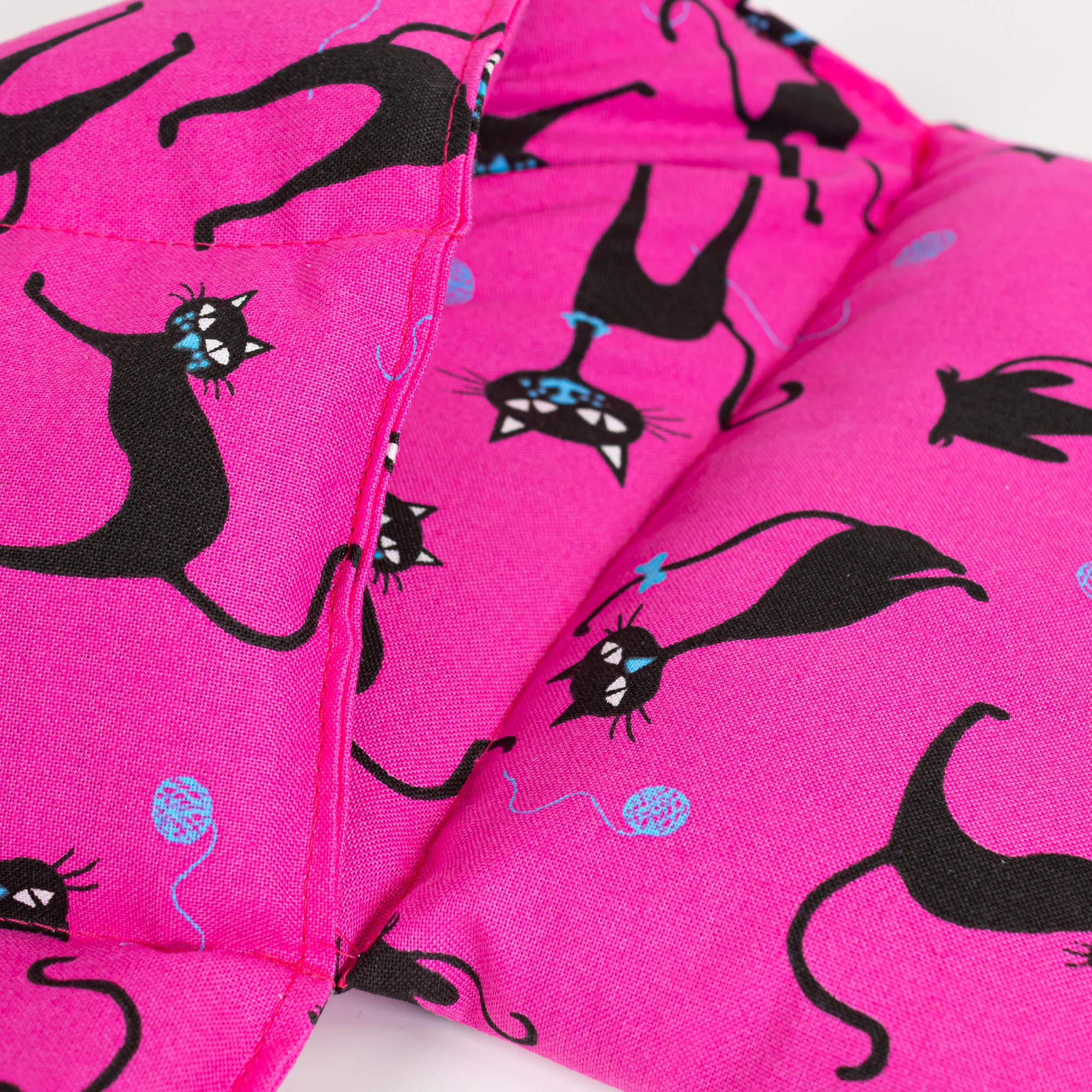 Saco térmico con pepitas de uva compartimentado en 8, 75x20cm - gato negro fondo fucsia - Almohada térmica para microondas - Calor y frío - Cojín térmico con semillas