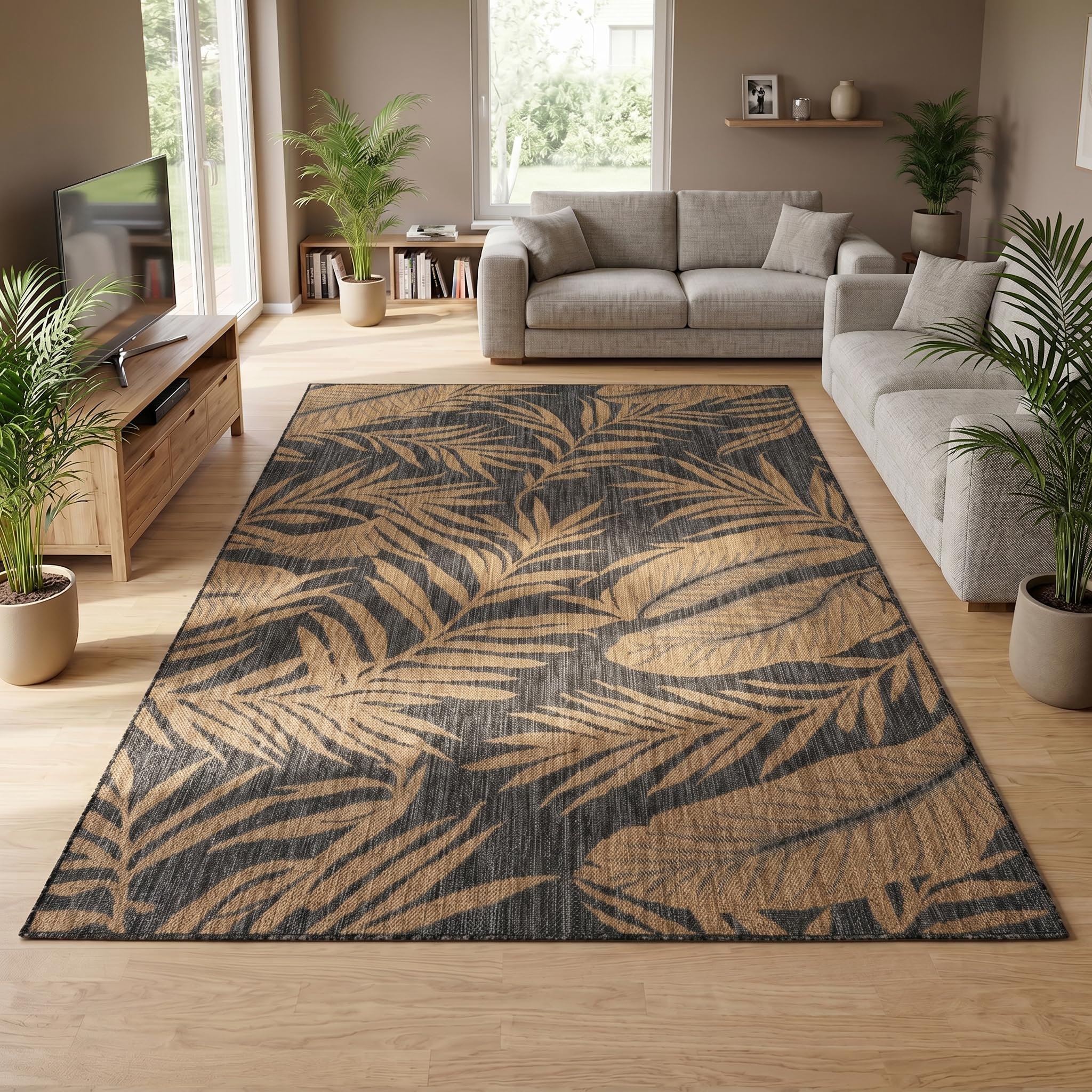 Teppium Tapis Extérieur Noir Effet Jute 140x200 cm Balcon Terrasse Jardin Résistant UV Moyen Grand Motif Palmier Tissage Plat