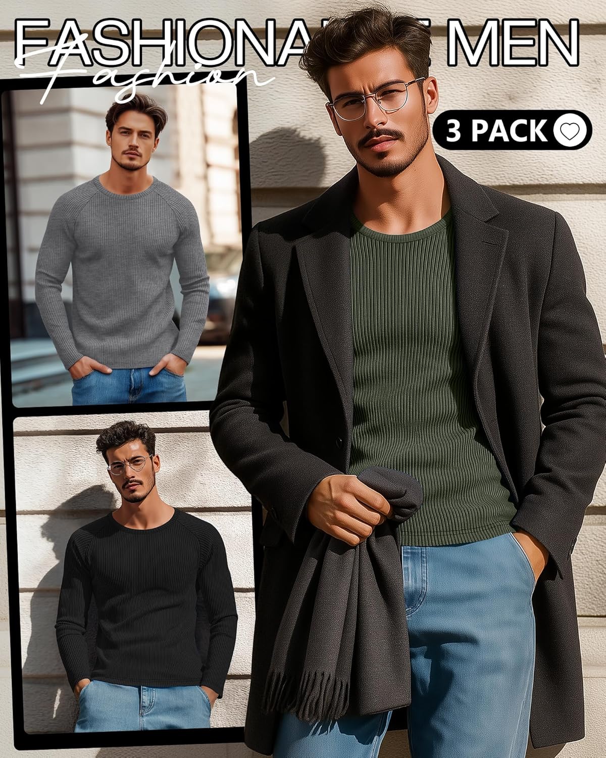 August Alley 3 Pack Men's Ribbed Thermal Long Sleeve Shirts 90% Cotton Crew Neck Pullover Tops Slim Fit Winter Undershirts