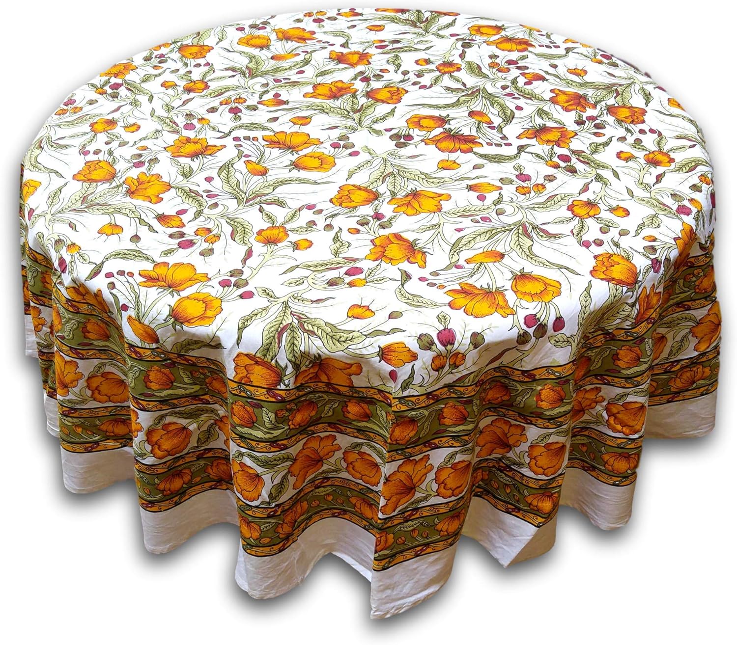 Review Product India Arts French Floral Round Cotton Tablecloth 70 Saffron