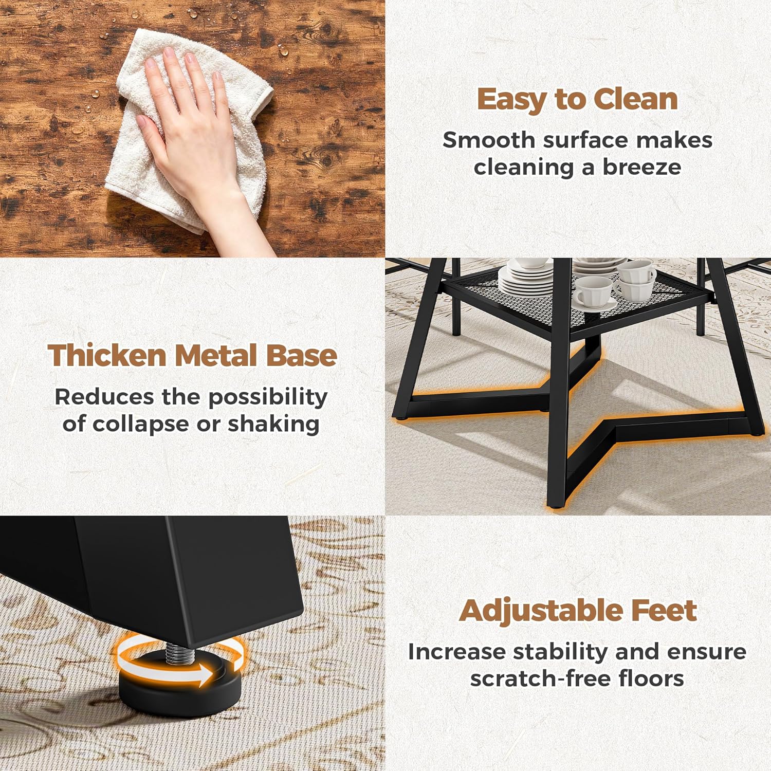 IRONCK Round Dining Table Set for 4, 47.2'' Kitchen Table with 4 PU Leather Upholstered Chairs, Dining Room Table Set with Large Storage Shelf, 5 Piece Kitchen Table and Chairs, Rustic Brown