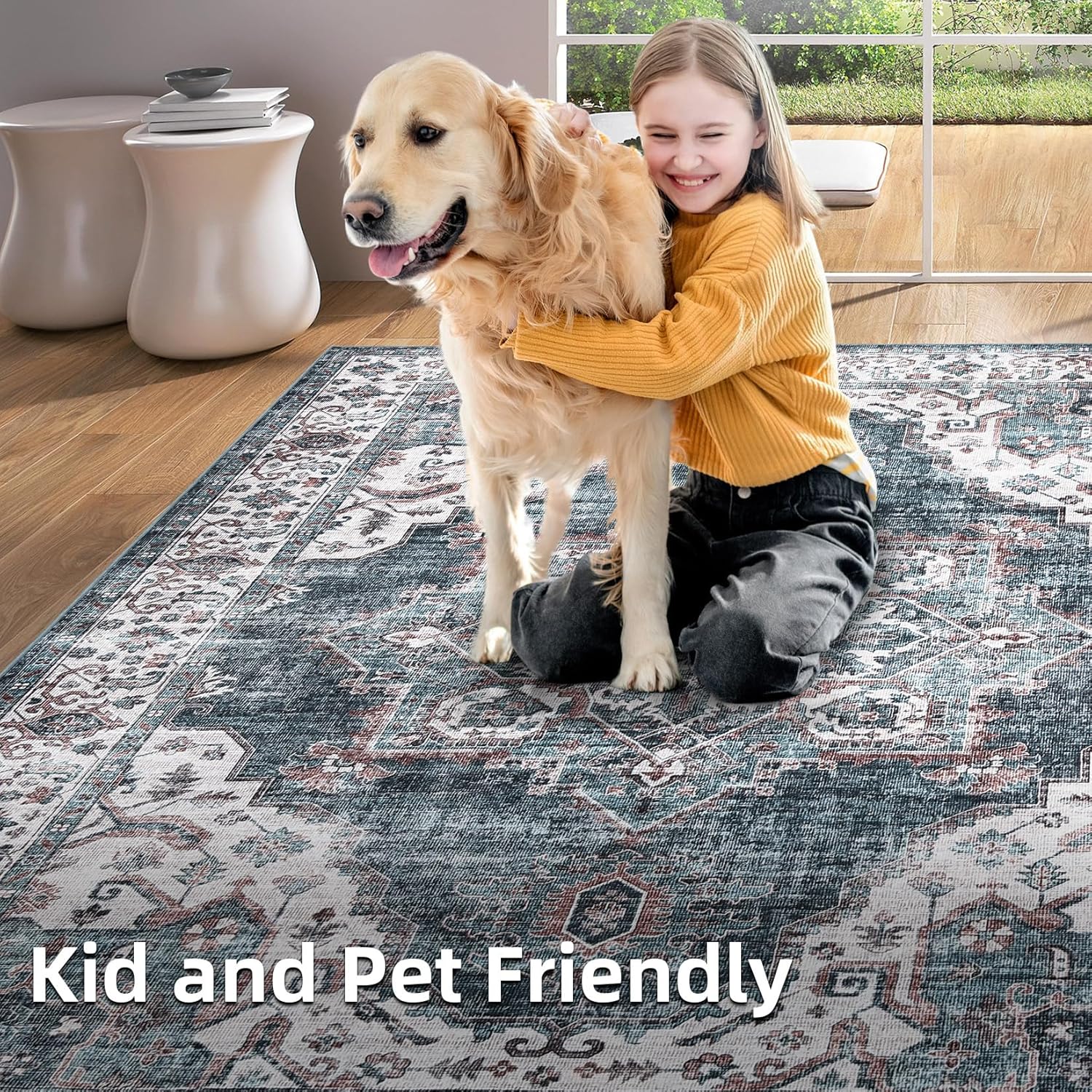 GarveeHome 2x6 Washable Runner Rug Non Slip Traditional Oriental Runner Rug with Non-Slip Backing Stain Resistant Low Pile Soft Folding Floor Cover for Kitchen Hallway Laundry Entryway, Blue