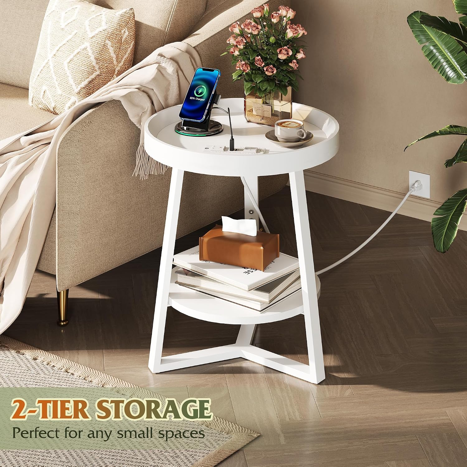 WLIVE Small Round Side Table with Charging Station for Living Room White