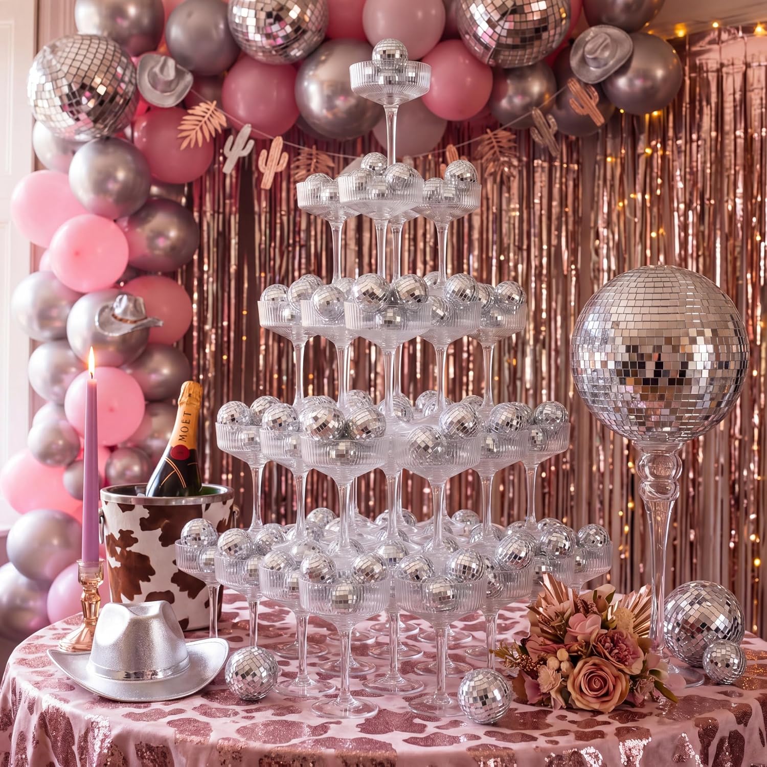 Champagne Tower Glasses Plastic Martini, 36 Pcs, Disco Ball