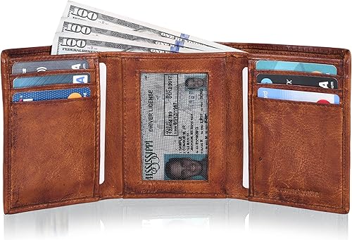 Miniatura 2 de Billetera de cuero triple para hombre con RFID Carteras delgadas para hombres con 1 identificación y 6 ranuras para tarjetas de crédito Bolsillo