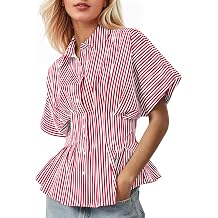 Womens Striped Button Down Shirts Short Sleeve Pleated Peplum Shirts Dressy Casual Lapel Tops Summer Business Blouse,Red White, Small