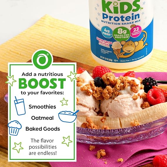 Orgain Kids Dairy Protein Powder Shake Mix, Vanilla Bean Ice Cream - 8g Grass-Fed Dairy Protein, 4g Fiber, 22 Vitamins & Minerals, Gluten Free, No Soy Ingredients, Adds Nutrients to Kids Snacks, 1lb