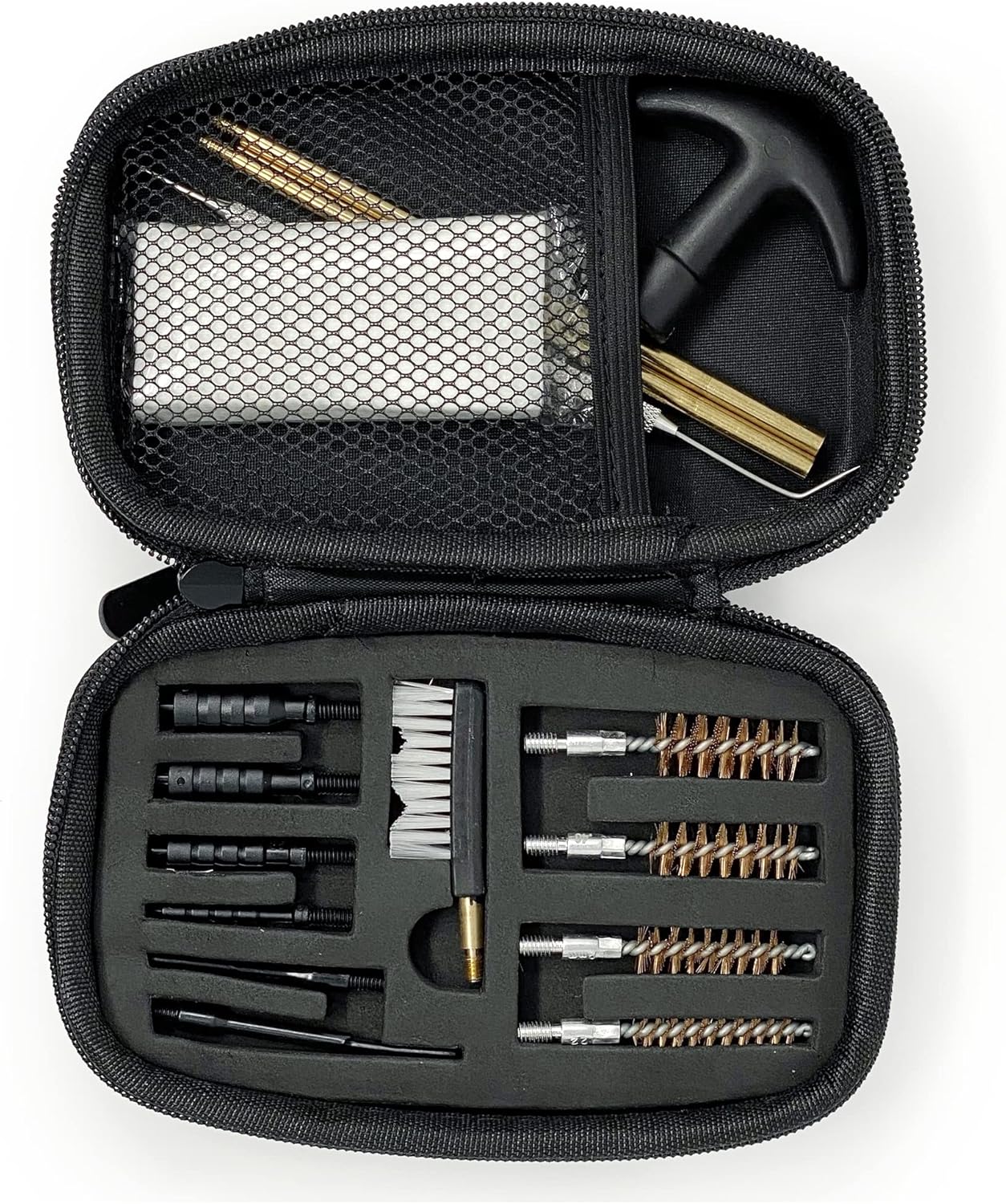 Universal Gun Cleaning Kit 9mm/ .22 Cal/.357 Cal/.38 Cal/.40 Cal/.45 Cal Handguns- with Bronze & Nylon Brushes, Jag Adapters, Cleaning Patches Perfect Pistol Tool