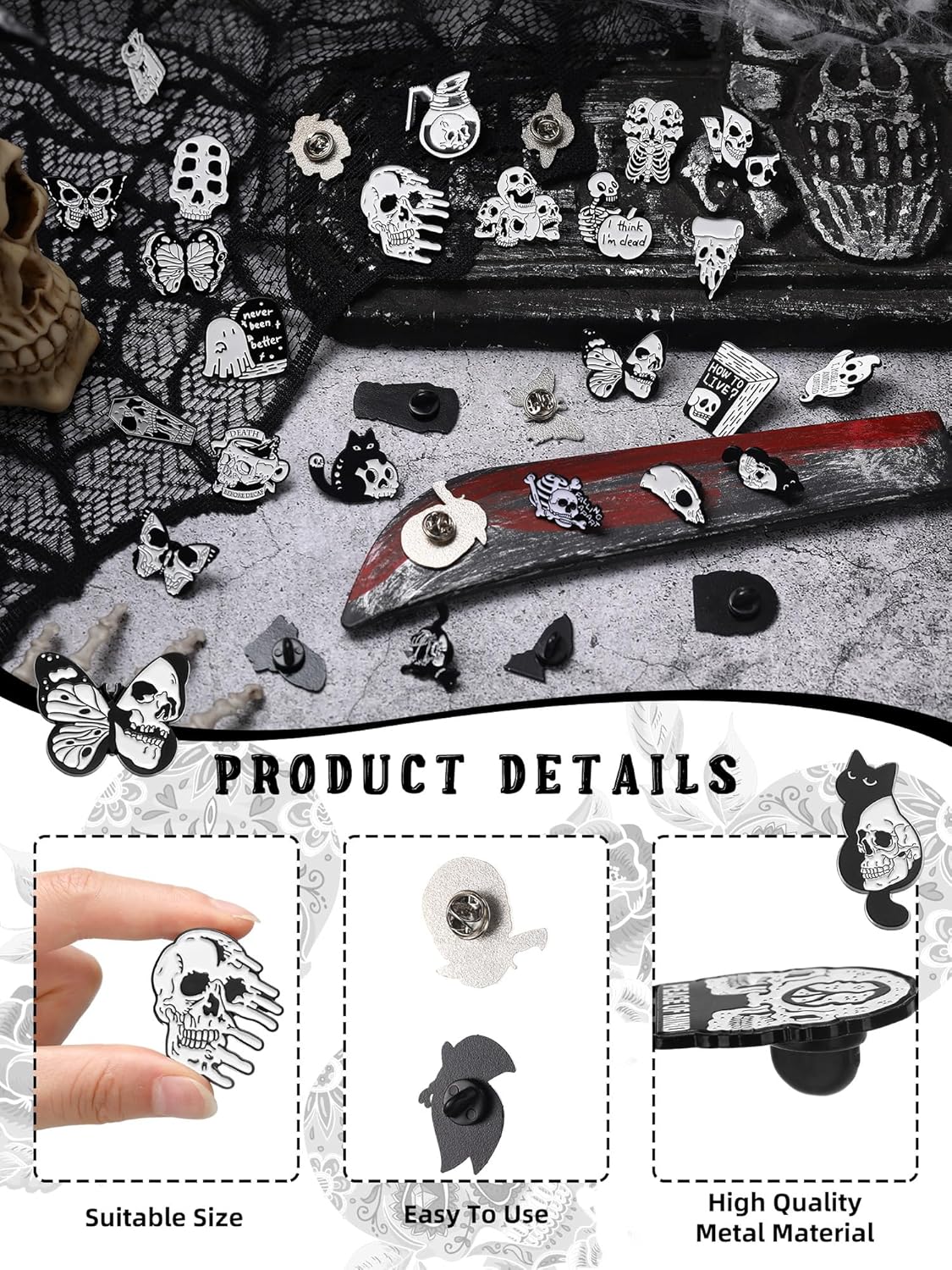 Ferraycle 30 Pieces Goth Enamel Pins Set Horror Enamel Pins for Backpacks Cool Skeleton Ghost Butterfly Cat Silver Lapel Pin Steampunk Brooches Pin for Hats Clothes Women Men - Image 2