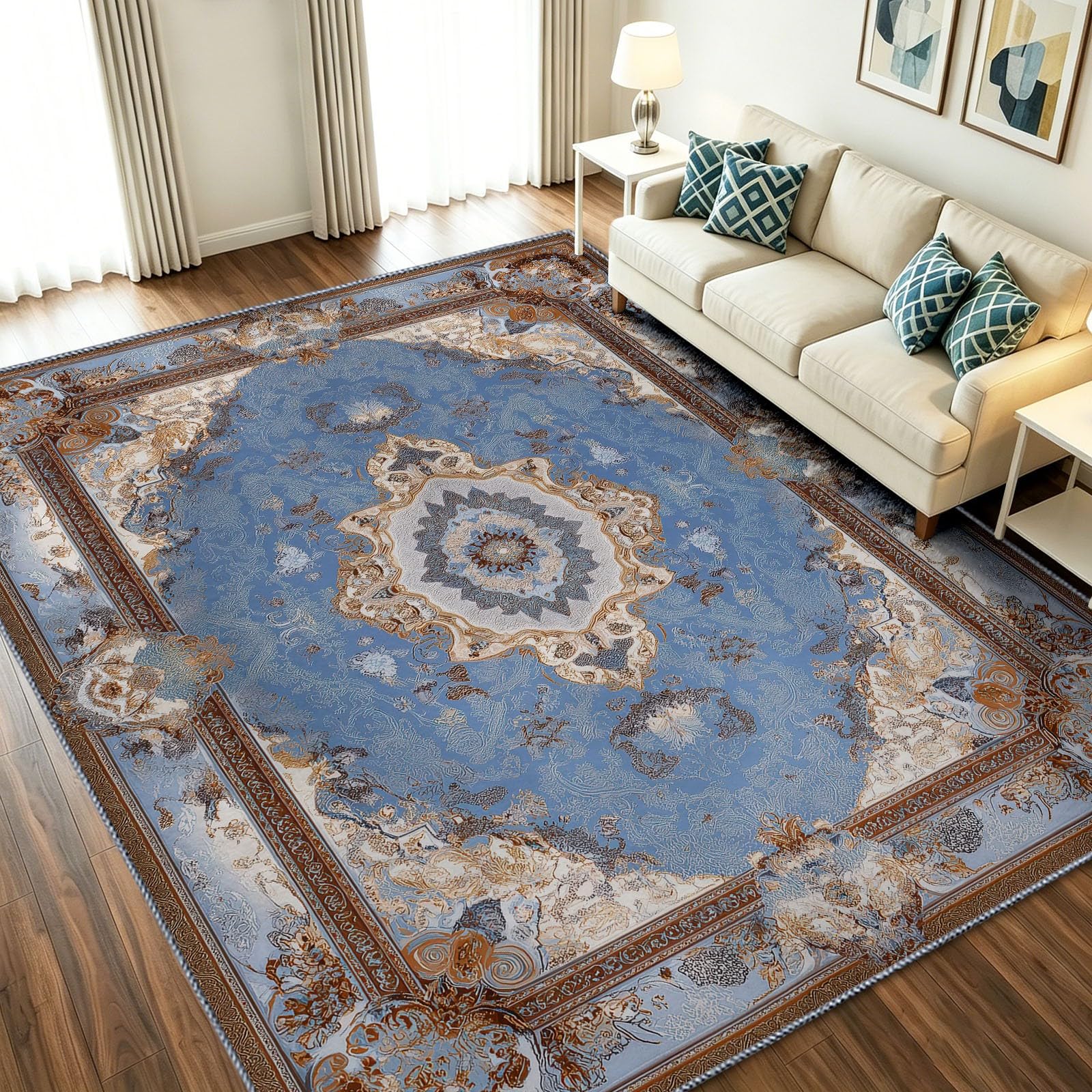 Tapis de chambre doux imprimé floral bleu pour décoration maison