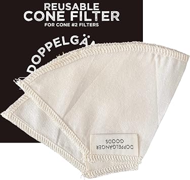 2-Pack Reusable Organic Cotton Cone #2 Coffee Filter Cloth Filters for Coffee Dripper, Pour Over Coffee Dripper & Coffee Makers that Use 2-6 Cup Cone Coffee Filters