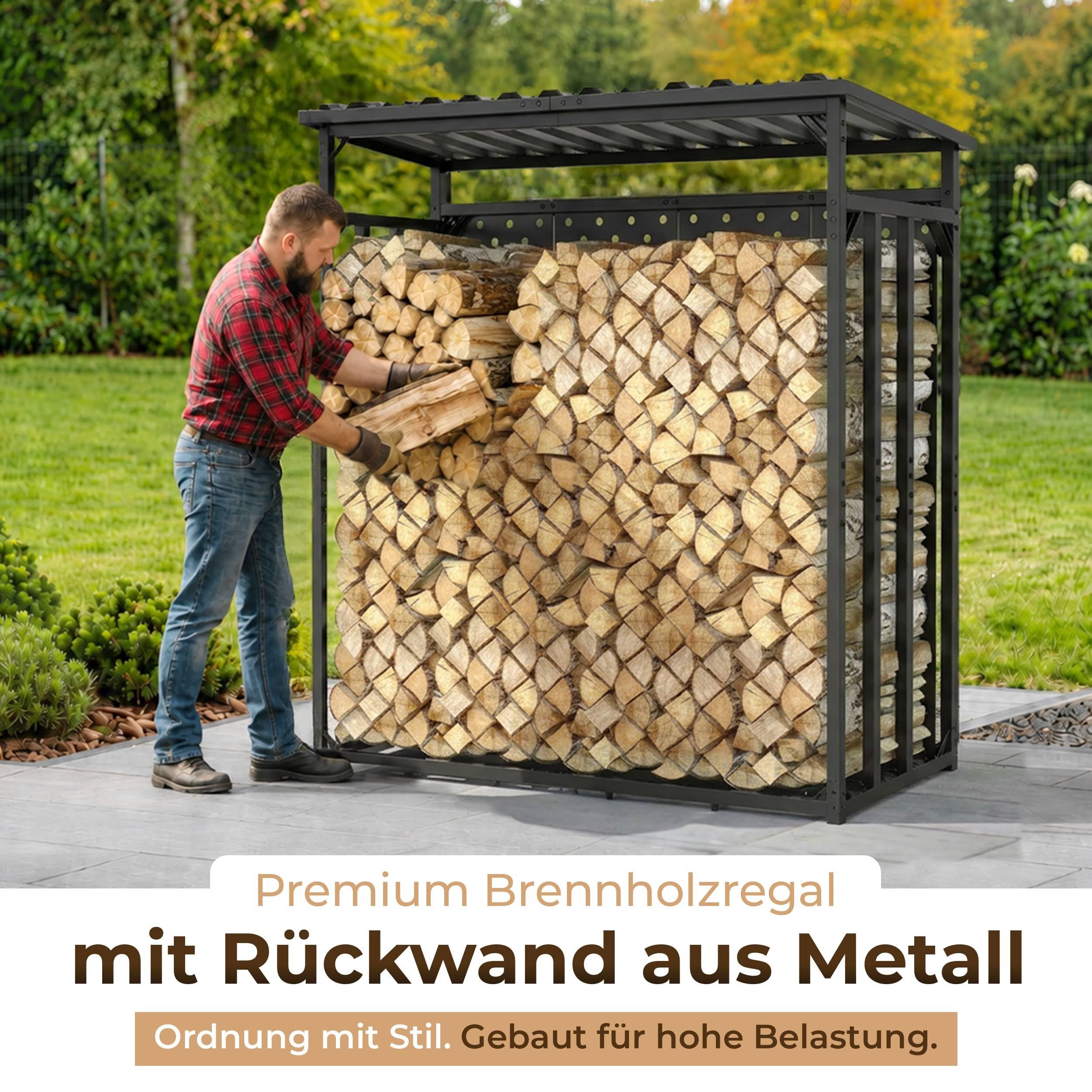 Kaminholzregal mit Rückwand außen 187x88x186 | verzinkt Metall Garten Holzregal Stapelhilfe mit Abdeckplane XXL Feuerholz Unterstand Metall Dach mit Wetterschutz
