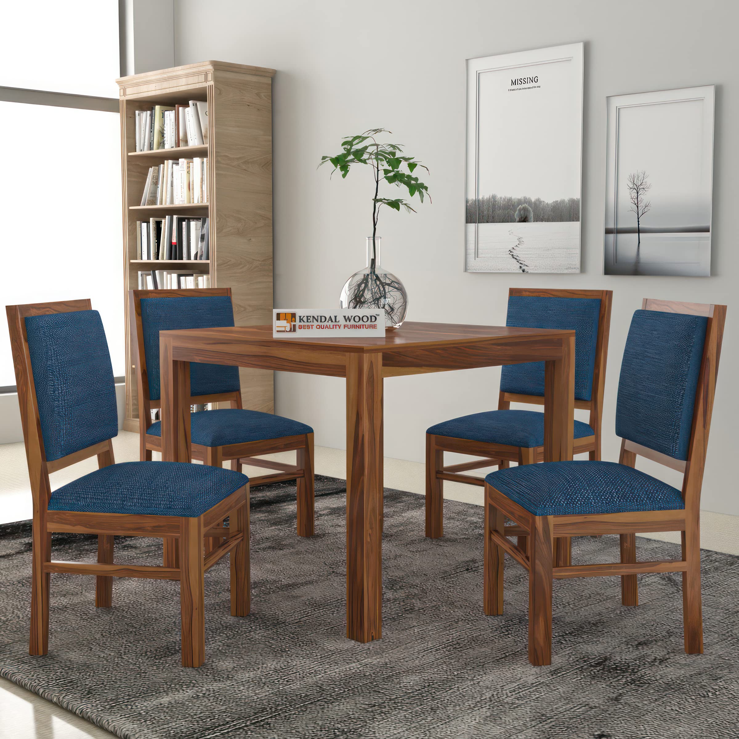 KENDALWOOD Furniture | Dining Room Furniture | Wooden Dining Table with 4 Chairs | 1 Year Warranty | Solid Wood 4 Seater Dining Set (Honey Finish with Blue Cushions, DIY(Do-It-Yourself)