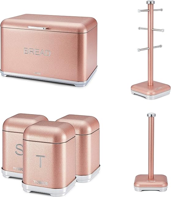 tw Tower Glamorous Kitchen Set - PINK GLITZ Bread bin, Set of 3 Canisters, Towel Pole and Mug Tree