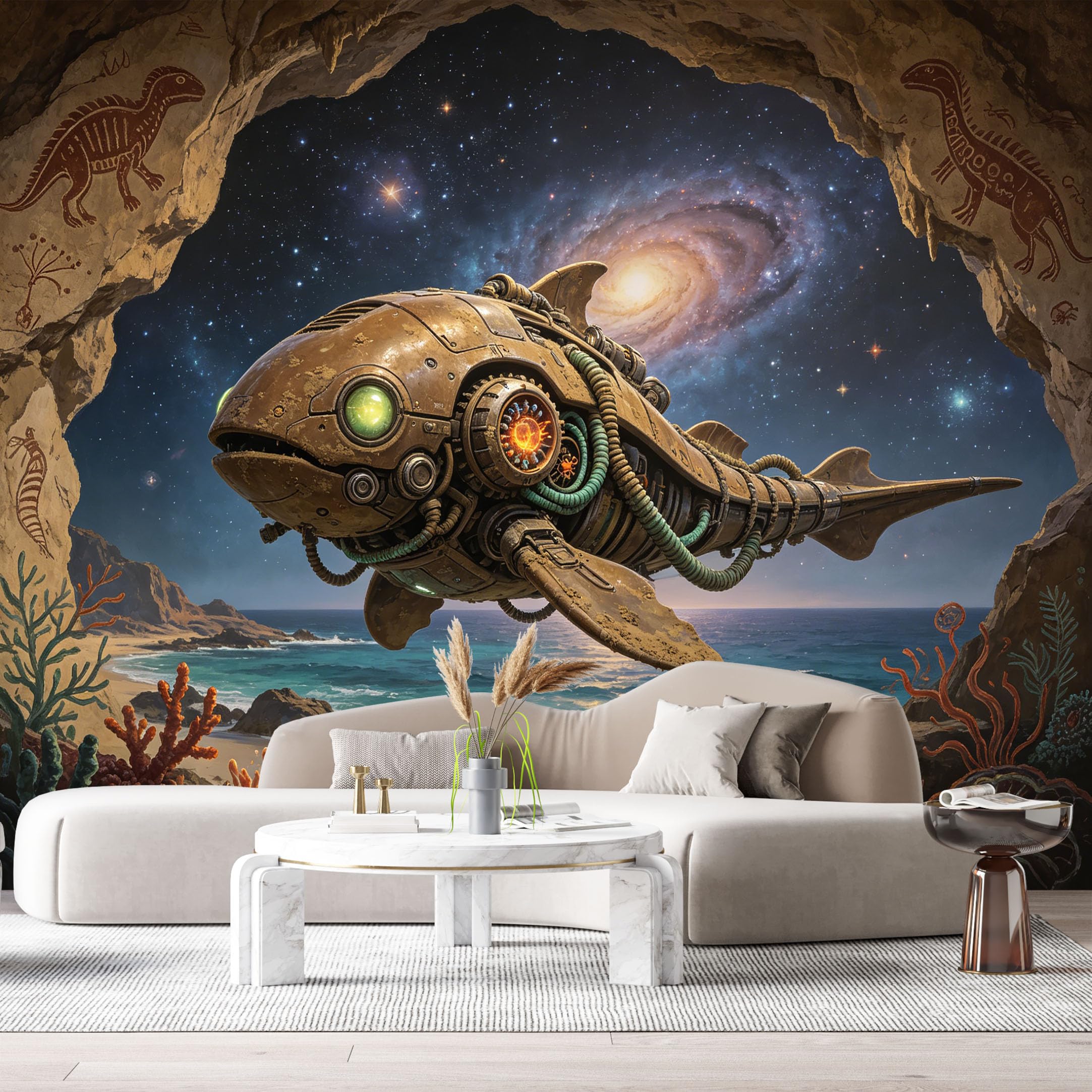 Custom Size Wall Mural Mechanical Fish SciFi Ocean Steampunk Submarine Futuristic Metal Creature SelfAdhesive Art Prints Removable Large Wallpaper Esports Room Game Room Tenant Room Studio