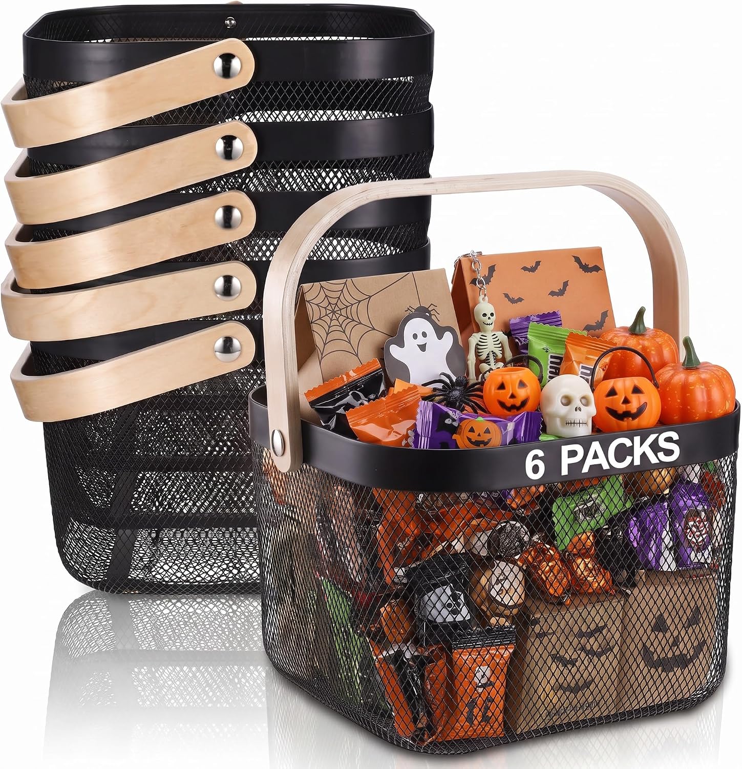 Roshtia 6 Pcs Metal Mesh Basket with Handle, Trick‑Or‑Treat Garden Basket