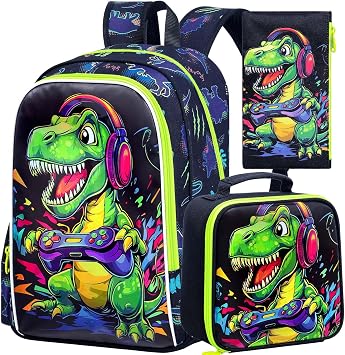 KLFVB 3PCS Boys Dinosaur Play Game Backpack Set, Water Resistant 16" Kids Preschool Bookbag with Lunch Box