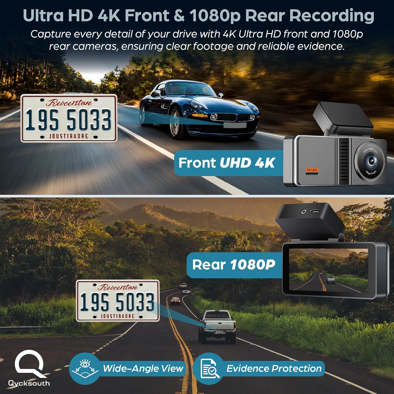 4K Dual Dash Cam Front and Rear, Built-in 5G WiFi App Control, 3.7" IPS Screen, 64GB SD Card Included, Night Vision, Loop Recording, G-Sensor, WDR, Voice Control, Parking Monitor