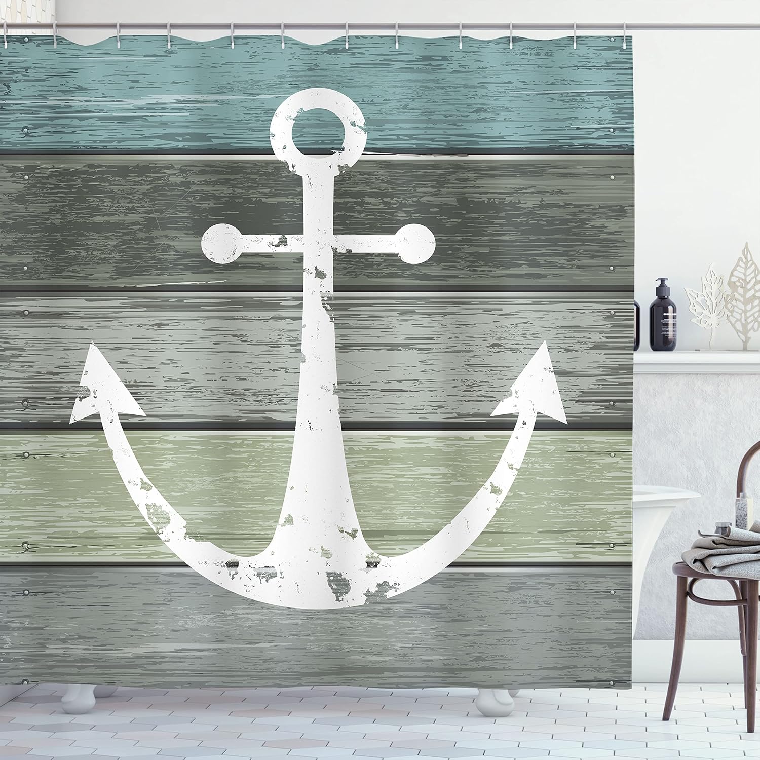 Ambesonne Anchor Shower Curtain, Marine Adventure Themed Rustic Nautical Pattern on Wooden Planks, Cloth Fabric Drape for Bathroom Decor Set with 12 Hooks House Decorations, 69" W x 70" L, Green Grey
