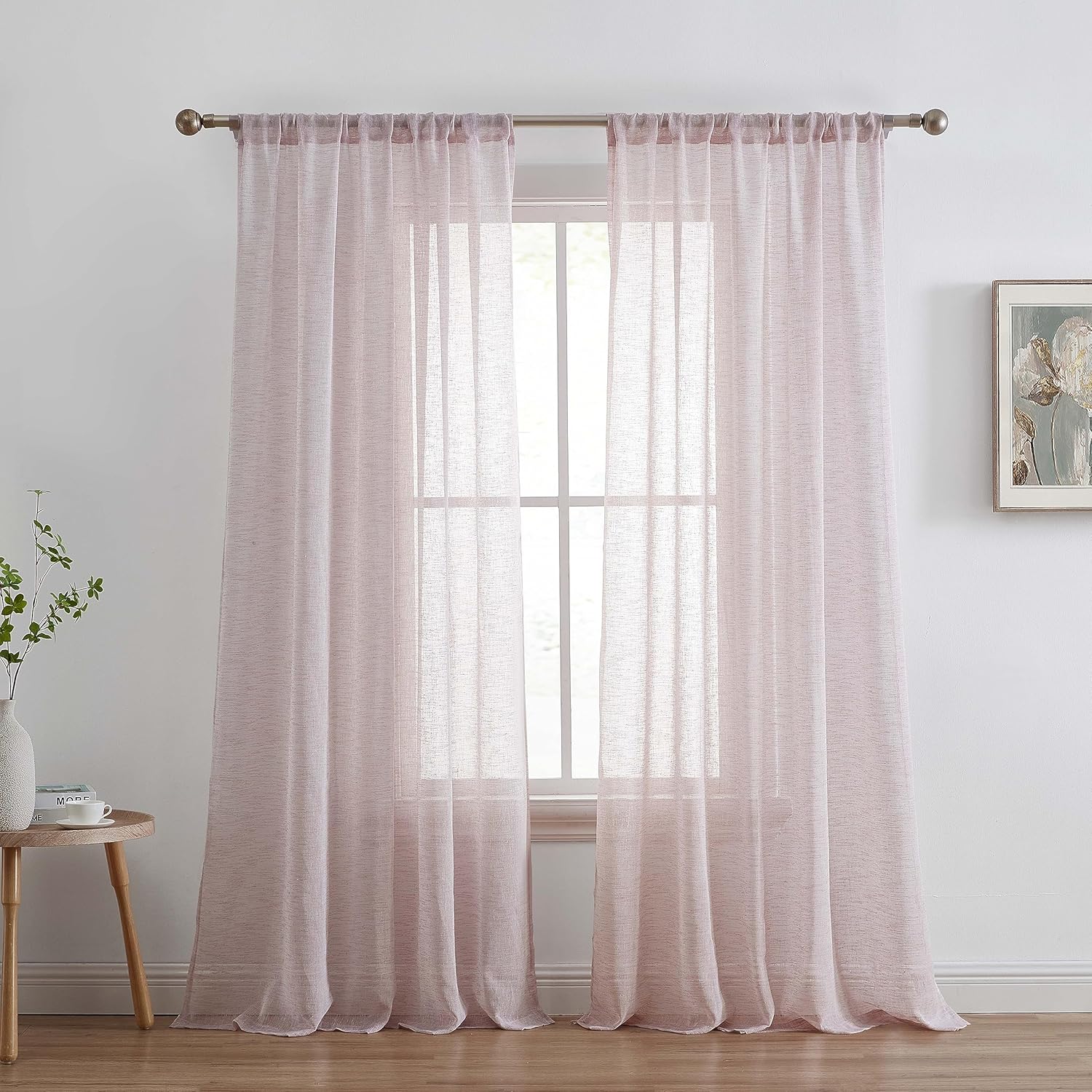 HLC.ME Penelope - Blush Sheer Curtains - Faux Linen Curtains, Semi Sheer Privacy Sun Light Filtering Window Pocket Curtains Drapery Panels for Bedroom & Living Room, 2 Panels (54 W x 84 L, Blush Pink)