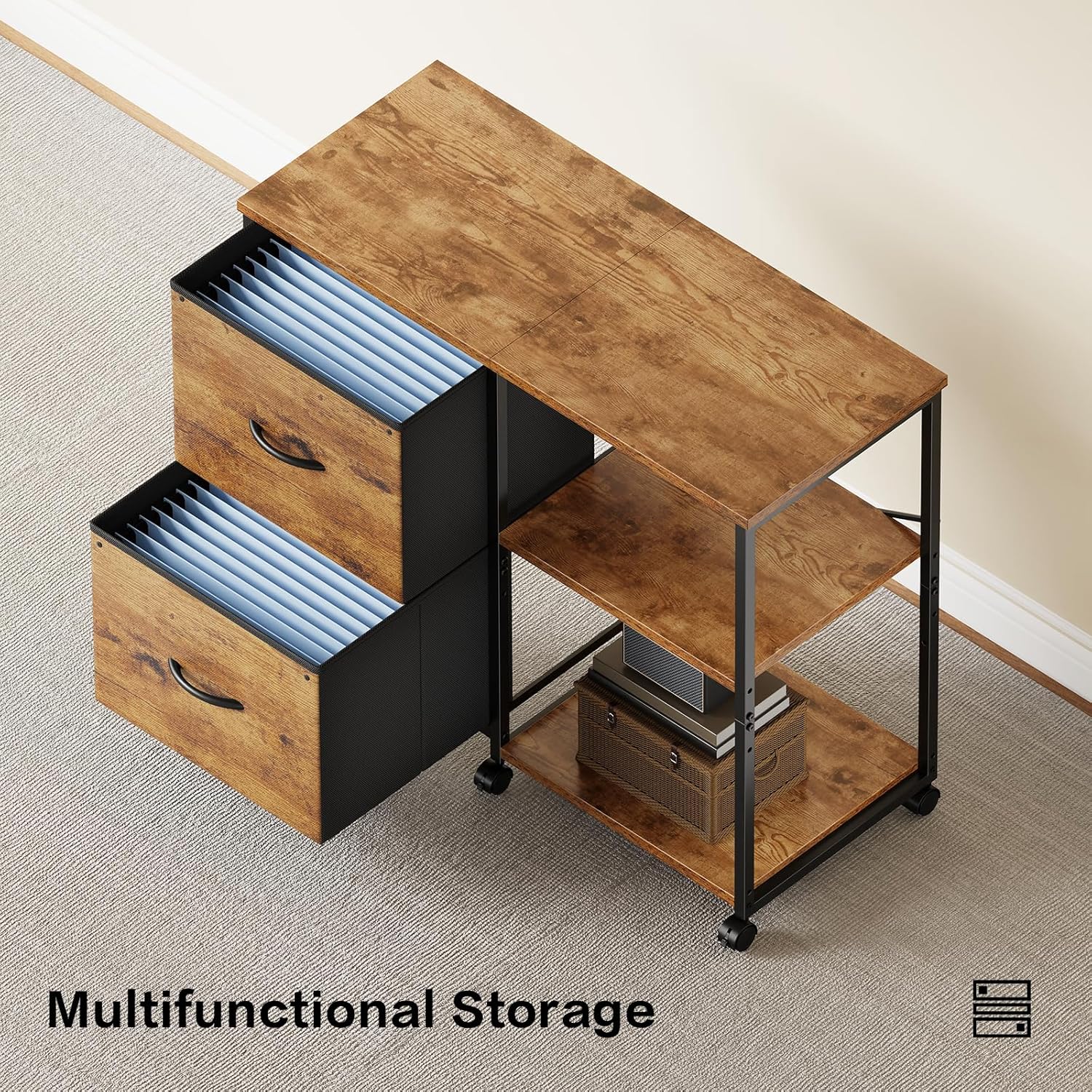 2-Drawer Fabric Lateral File Cabinet with Wheels, Rolling Printer Stand with Open Storage Shelf for Home Office, Rustic Brown