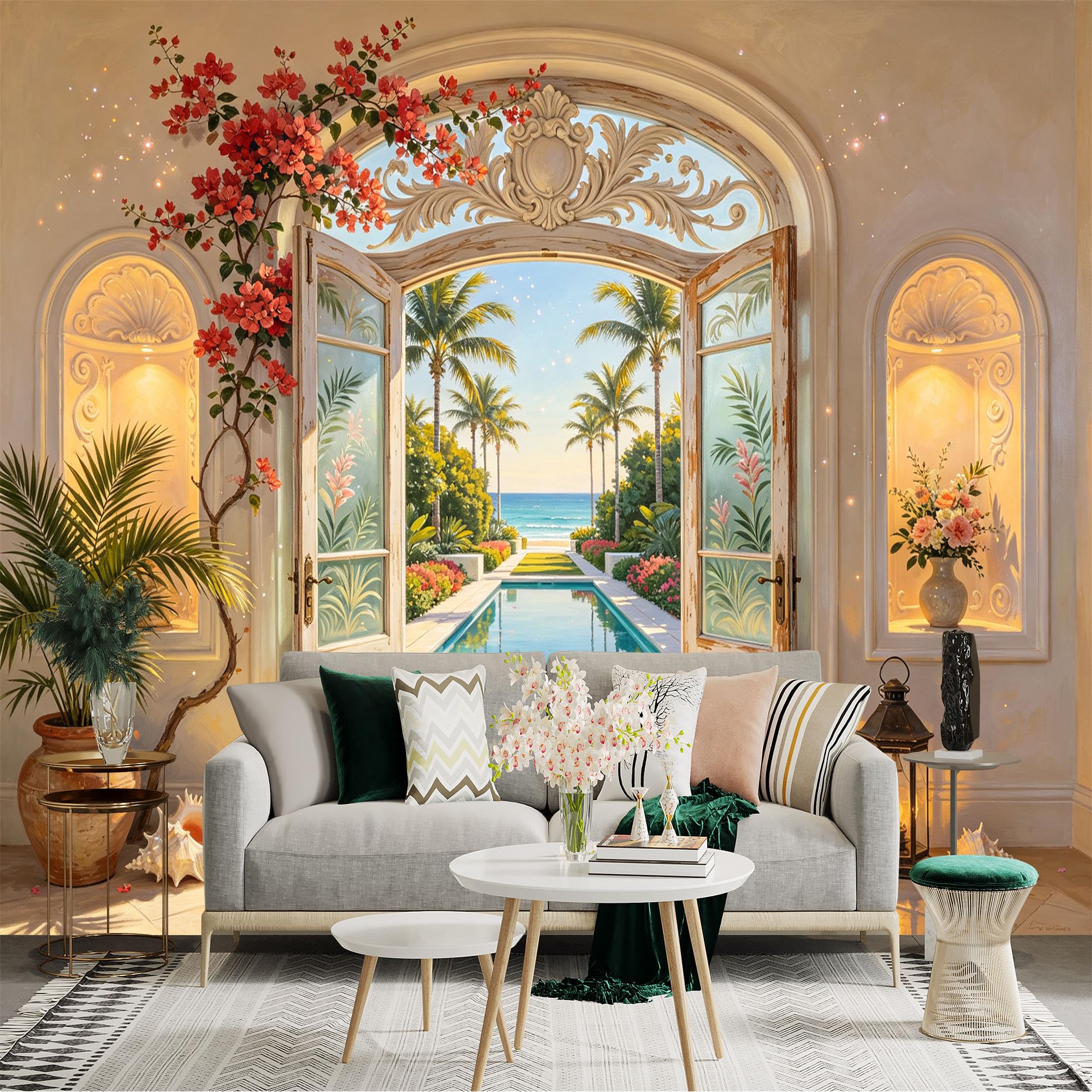 Custom Size Wall Sticker Mural， Tropical Pool View with Palm Trees and Floral Archway， for wall Decoration， peelandstick wall Decals.