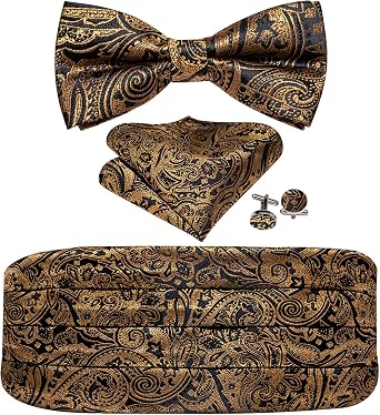 YOHOWA Men Cummerbund Bow Tie Set Silk Paisley Formal Pre-Tied Bowtie Pocket Square Cufflinks Wedding Party Prom