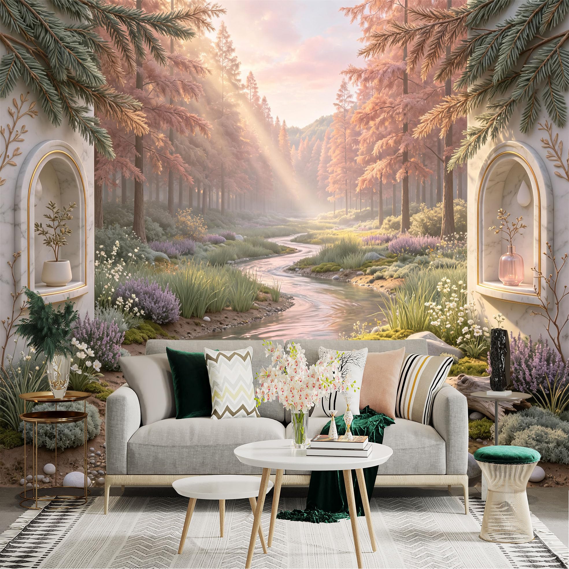 Lnzczhyre Bh260719098 Custom Size Wall Sticker Mural， Enchanting Misty Forest Stream， Sunlit Woodland Landscape， Floral Garden View， For Wall Decoration， Peelandstick Wall Decals.
