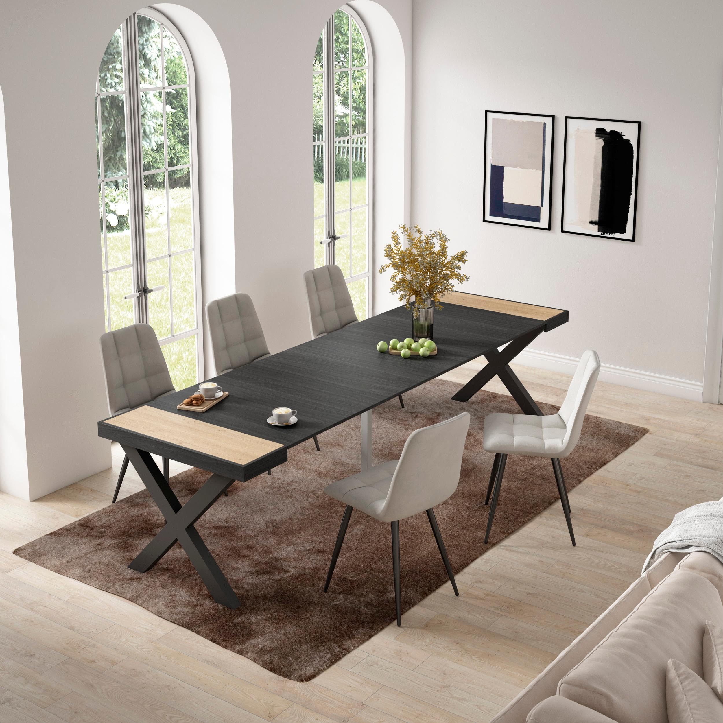 Skraut Home | Table Console Extensible | Console Meuble | 300 | pour 14 Personnes | Pieds Bois Massif | Style Moderne | Chêne et Noir