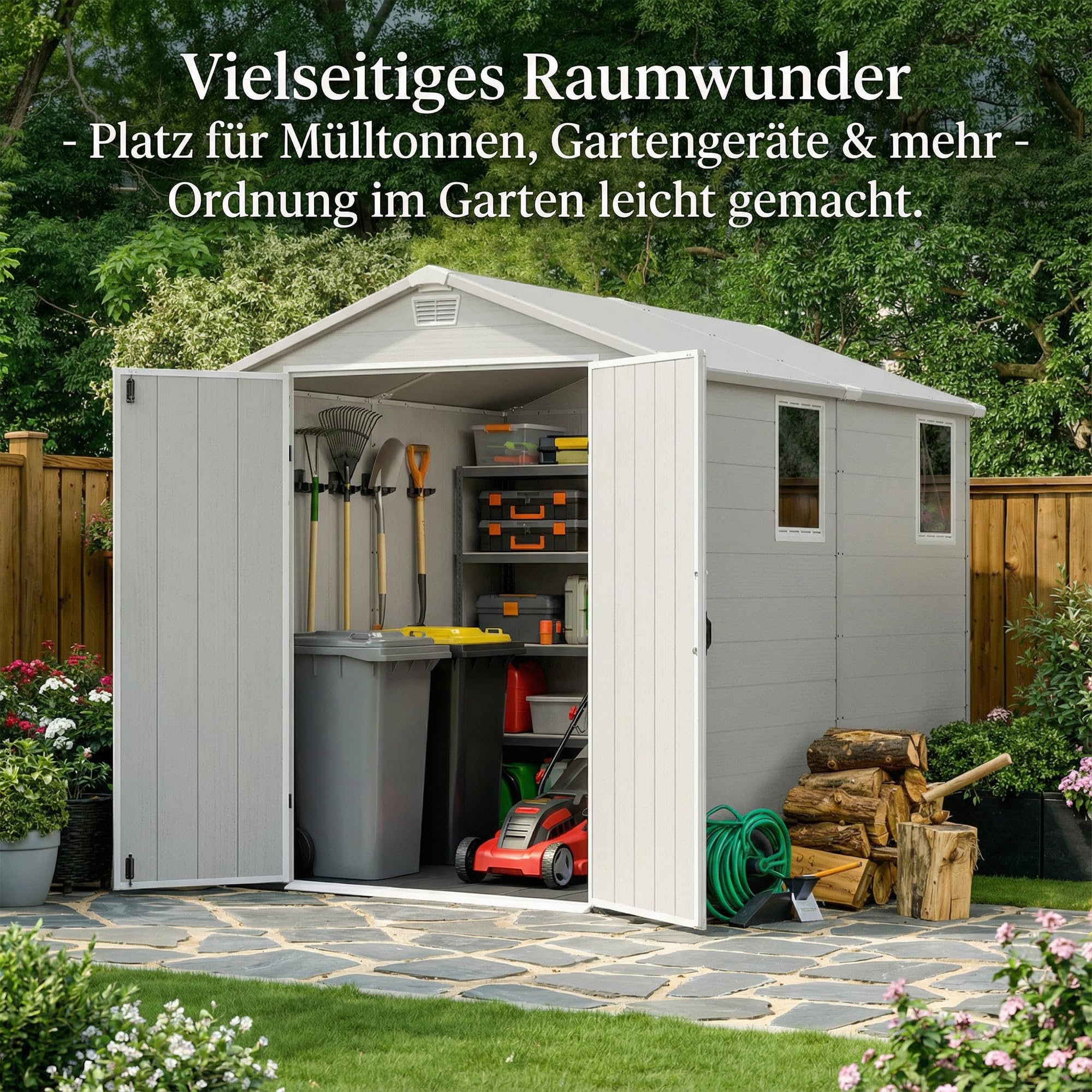JUMMICO 6x8 XXL Gartenhaus, 9,4m³ Kunststoff-Geräteschuppen mit Boden, 185x240x210 cm, Wetterfest & Frostsicher, Ideal für Fahrräder, Rasenmäher, Gartengeräte, Hellgrau