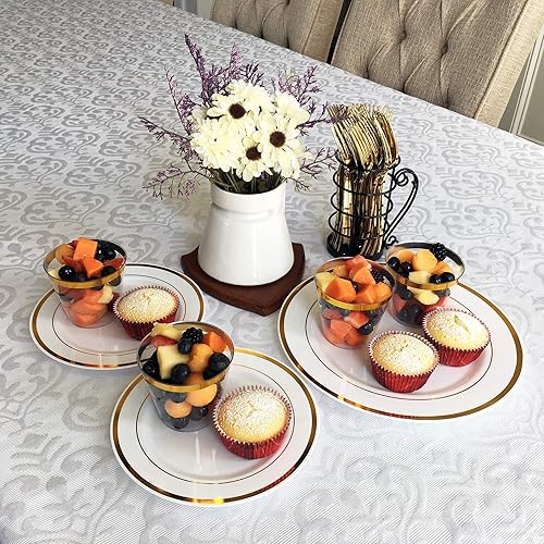 Miniatura 5 de 125 piezas oro placas plásticas y cubertería para 25 invitados, platos desechables de plástico resistente con borde de oro y plata para fiesta y