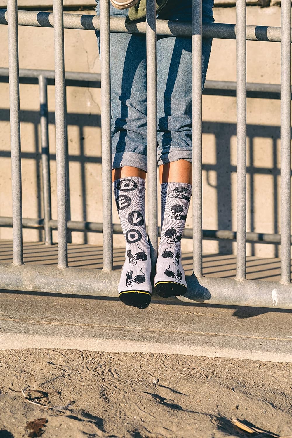 MERGE4 Devo Band 'Bombs Away' Large Crew Socks for Men and Women Grey Bomb Classic DEVO Lettering