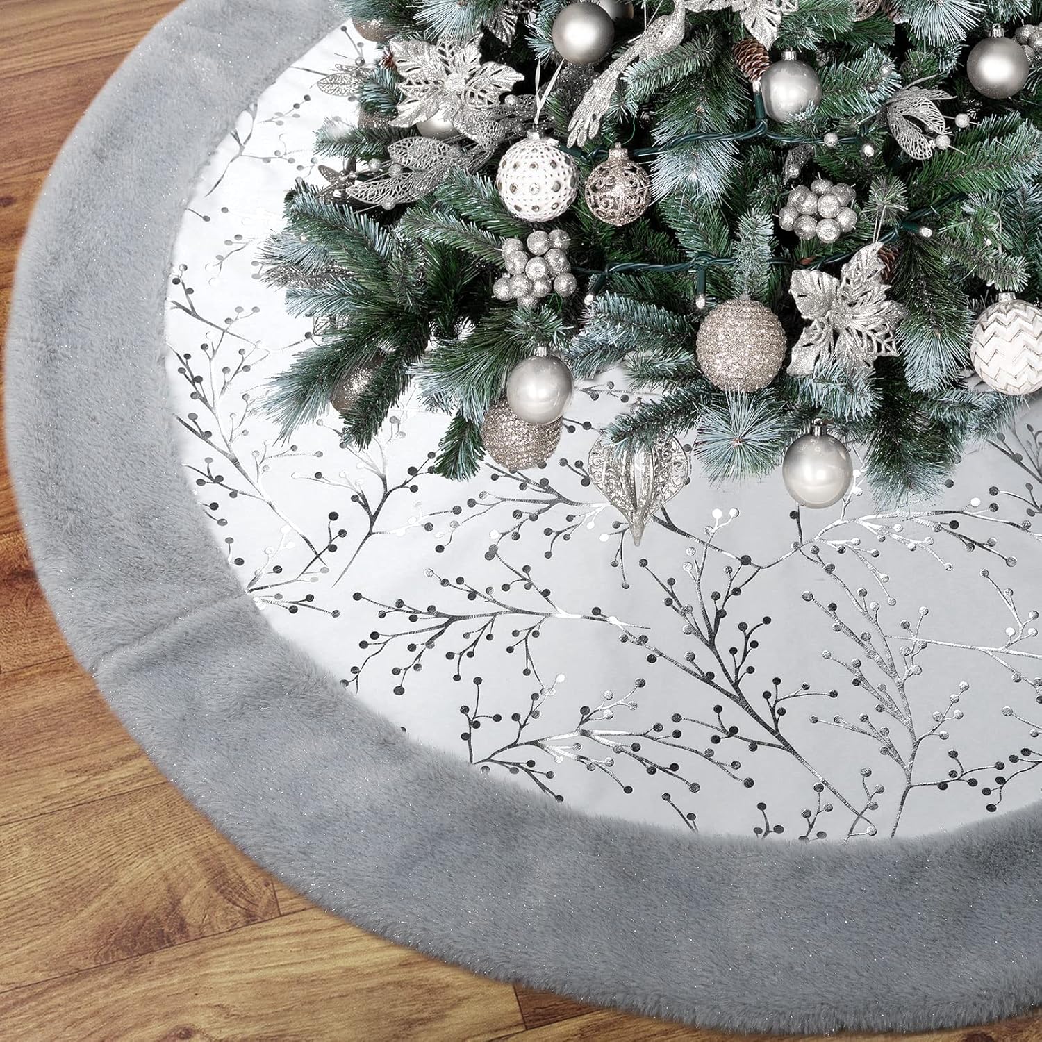 Christmas Tree Skirt, Silver Grey 36 Inch Faux Fur Plush