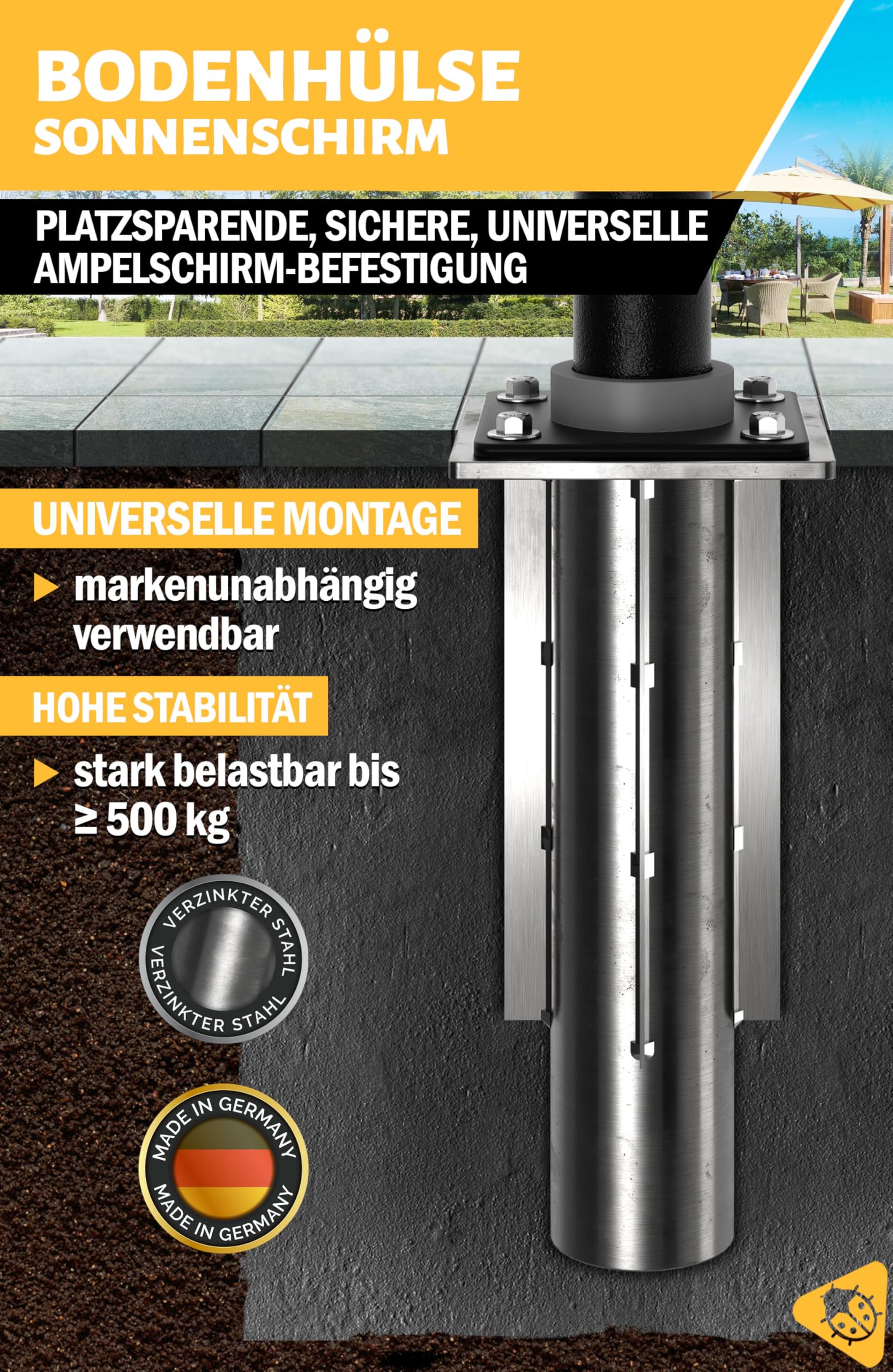 4smile Bodenhülse Sonnenschirm - verzinktem Stahl Bodenanker Ampelschirm mit Bodenplatte zum Einbetonieren, Zeitlose Qualität - Universeller Sonnenschirmständer Ampelschirm, belastbar bis 500 kg