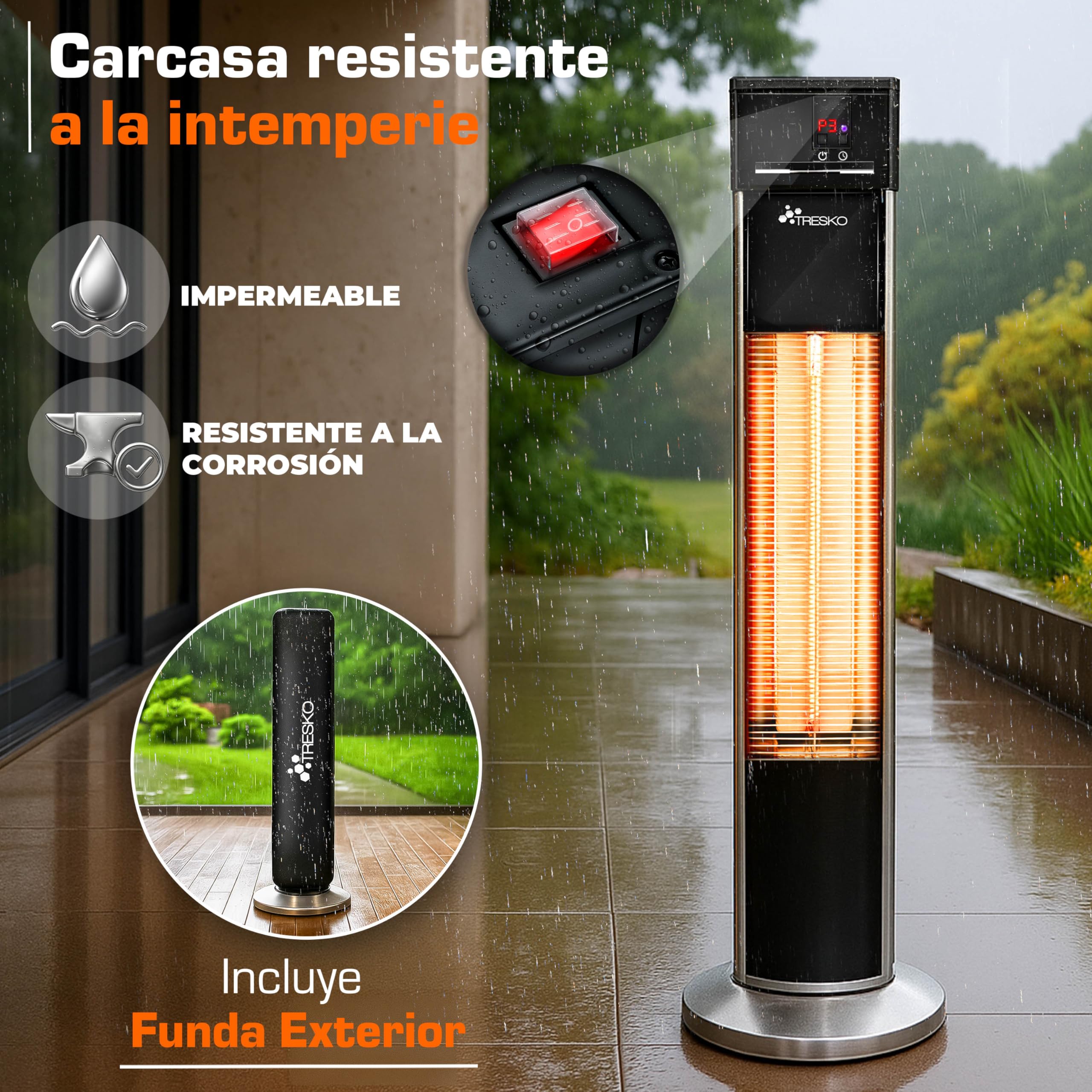 TRESKO Calefactor por Infrarrojos para Terraza | 2000W + Control Remoto | Estufa Radiante con 3 Temperaturas | Radiador Eléctrico para Exterior e Interior | Calentador con Pantalla LED