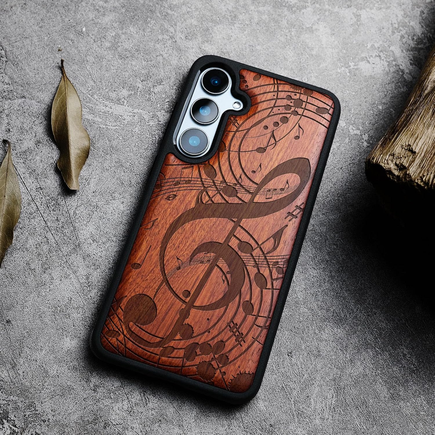 Carveit Wood Case for Galaxy S24 FE Case [Natural Wood & Black Soft TPU] Shockproof Protective Cover Unique Wooden Design Compatible with S24 FE (Musical Notes-Rosy)