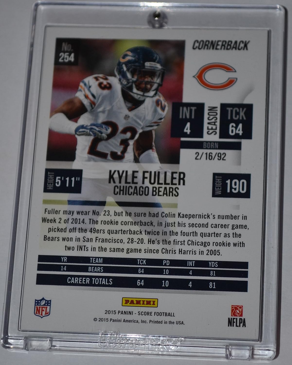 2015 Score Kyle Fuller Green End Zone Football Card #254 2/6 in SCREW-DOWN CASE