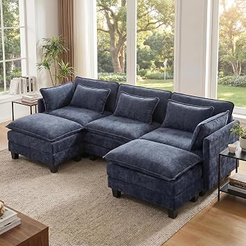 Amada 110.6" Modular Sectional Sofa, U Shape Cloud Sectional Couch, 5 Seater Chenille Deep Seat Sofa with 2 Movable Ottomans & Throw Pillows for Living Room, Bedroom, Apartment, Navy Blue