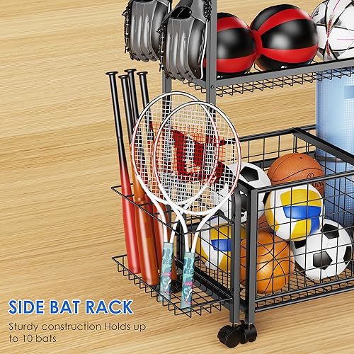 Miniatura 5 de Almacenamiento de pelotas de garaje, organizador de equipo deportivo 2 en 1, organizador de garaje con cesta y ganchos, carrito organizador de